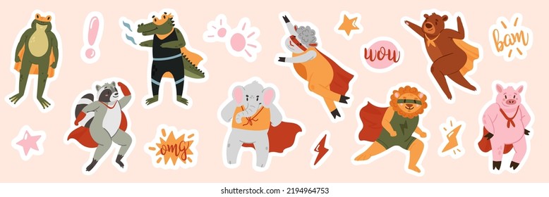 Cute superhero animals, funny stickers for kids set vector illustration. Cartoon adorable strong and brave zoo characters with costume, cape and mask fly, childish collection of happy heroes pets