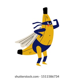 Cute Superhero Banana in Mask and Cape, Funny Fruit Cartoon Character in Costume Vector Illustration