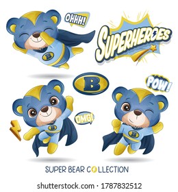 Cute superhero bear with watercolor collection