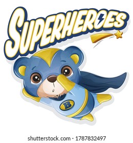 Cute superhero bear with watercolor illustration