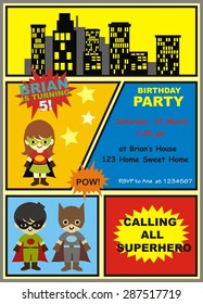 Cute Superhero Birthday Card. Invitation