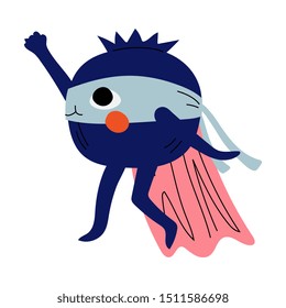 Cute Superhero Blueberry in Mask and Cape, Funny Fruit Cartoon Character in Costume Vector Illustration