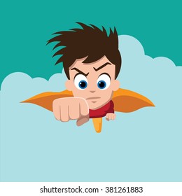 Cute superhero boy flies straight ahead. EPS 10 vector.
