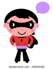 Cute superhero boy with speech bubble isolated on white