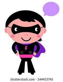 Cute superhero boy with speech bubble isolated on white