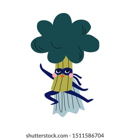Cute Superhero Broccoli in Mask and Cape, Funny Vegetable Cartoon Character in Costume Vector Illustration