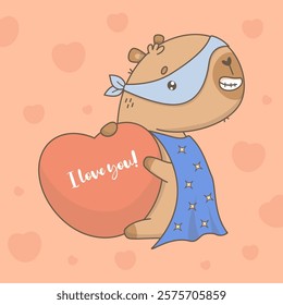 Cute Superhero Capybara in hero mask and raincoat with big Heart. Funny cartoon kawaii character animal. Vector illustration. Cool card valentine I love you