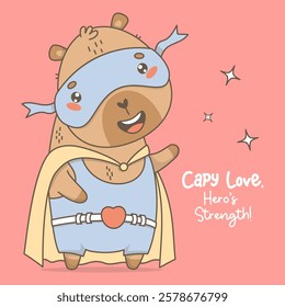 Cute Superhero Capybara in hero mask and costume. Funny cartoon kawaii character animal. Vector illustration. Cool card with slogan. Kids collection