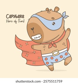 Cute Superhero Capybara in mask, raincoat and shorts with hearts. Funny romantic cartoon kawaii character animal. Vector illustration. Cool card with slogan 