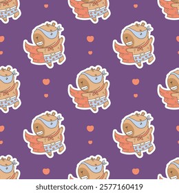 Cute Superhero Capybara Seamless pattern. Romantic Cartoon kawaii animal in mask and red cloak on purple background with hearts. Vector illustration. Kids collection