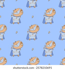 Cute Superhero Capybara Seamless pattern. Cool power cartoon kawaii animal in mask and raincoat on blue background with lightning. Vector illustration. Kids collection