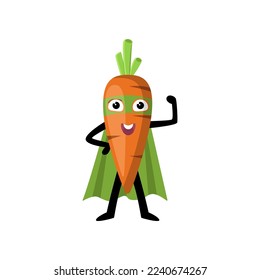 Cute superhero carrot character illustration. Cartoon drawing of comic vegetable with green mask and cape with comic isolated on white background. Healthy food concept