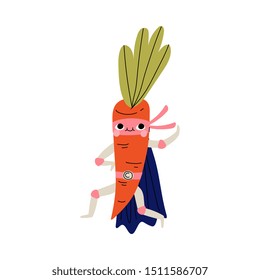 Cute Superhero Carrot in Mask and Cape, Funny Vegetable Cartoon Character in Costume Vector Illustration