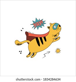A cute superhero cat in a comic costume flies in the air. A hand-drawn animal with a star, speech bubbles, and the phrase «YAY».