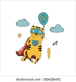 Cute superhero cat in a comic costume flying with air balloon. 