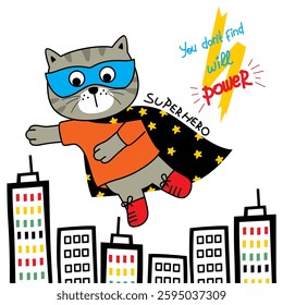 Cute superhero cat flying over a city skyline wearing a mask and cape. Heroic and adventure concept
