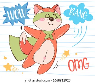 Cute superhero character with lettering omg, bang, wow. Fox hero with mask and cloak. Cartoon vector illustration in hand drawn style. Design for children's books, print, poster, fabric.