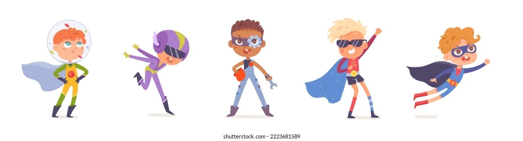 Cute superhero characters set vector illustration. Cartoon isolated little happy boys wearing mask, glasses and cape, male super kids playing in colorful carnival costumes of brave and strong heroes