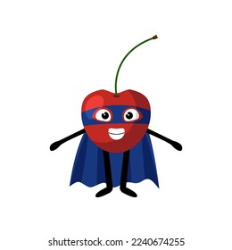 Cute superhero cherry character illustration. Cartoon drawing of comic berry with blue mask and cape with comic isolated on white background. Healthy food concept