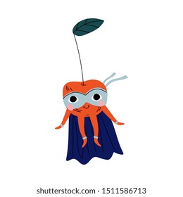 Cute Superhero Cherry in Mask and Cape, Funny Fruit Cartoon Character in Costume Vector Illustration
