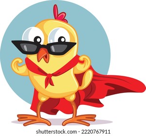 
Cute Superhero Chicken Character Vector Mascot. Little heroic brave chick wearing a red cape and sunglasses
