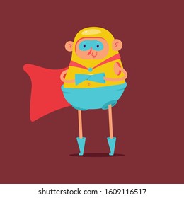 Cute superhero in cloak vector cartoon character isolated on background.