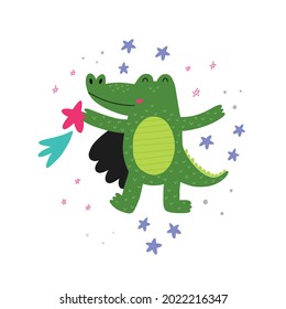 Cute superhero crocodile with star in the paw. Vector hand drawn illustration on the white background.