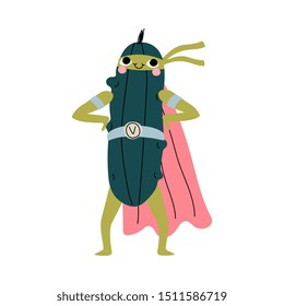 Cute Superhero Cucumber in Mask and Cape, Funny Vegetable Cartoon Character in Costume Vector Illustration