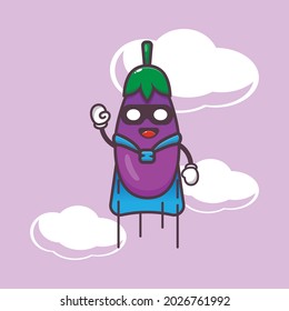 cute superhero eggplant. cute vector design character. Vector isolated flat illustration for poster, brochure, web, mascot, sticker, logo and icon. 