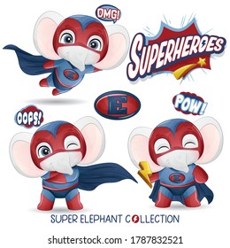 Cute superhero elephant with watercolor collection