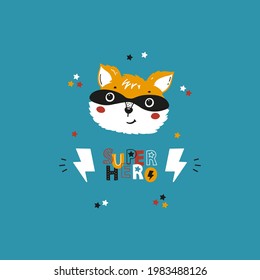 Cute Superhero Fox or Raccoon in Mask Poster. Forest Animal Head Vector Drawing for Tee Print for Kids.