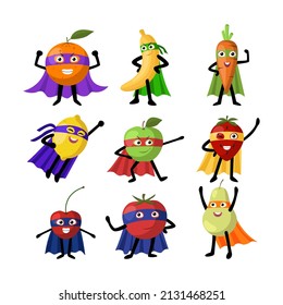 Cute superhéroe fruits personajes ilustraciones de dibujos animados set. Banana, pera, fresa, manzana y zanahoria en máscaras con caras cómicas que expresan diversas emociones. Concepto de alimentos saludables