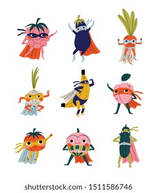 Cute Superhero Fruits and Vegetables in Masks and Capes Set, Funny Humanized Cartoon Characters in Costumes Vector Illustration