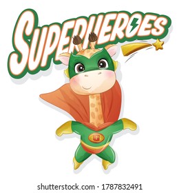 Cute superhero giraffe with watercolor illustration