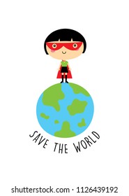 cute superhero girl save the world vector clip art. cute little child (girl) save the world super hero cartoon.