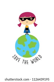 cute superhero girl save the world vector clip art. cute little child (girl) save the world super hero cartoon.