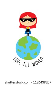 cute superhero girl save the world vector clip art. cute little child (girl) save the world super hero cartoon.