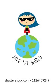 cute superhero girl save the world vector clip art. cute little child (girl) save the world super hero cartoon.