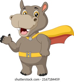 Cute superhero hippo cartoon waving hand