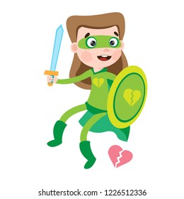 Cute superhero kid in colorful costume. Vector cartoon character isolated on white background.