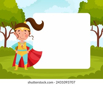 Cute Superhero Kid Wearing Cloak Empty Card Vector Template