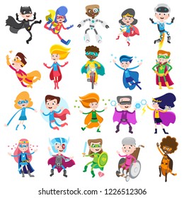 Cute superhero kids in colorful costumes. Big set of vector cartoon characters isolated on white background.