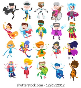 Cute superhero kids in colorful costumes. Big set of vector cartoon characters isolated on white background.