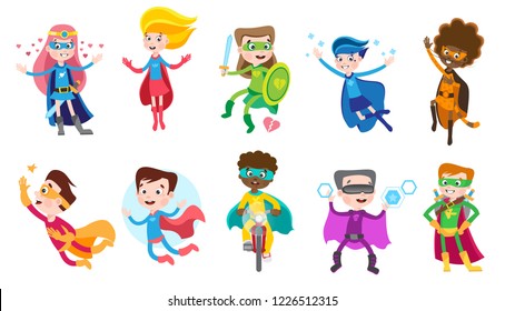 Cute superhero kids in colorful costumes. Big set of vector cartoon characters isolated on white background.