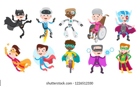 Niños superhéroes con disfraces coloridos. Gran conjunto de personajes vectoriales aislados en fondo blanco.