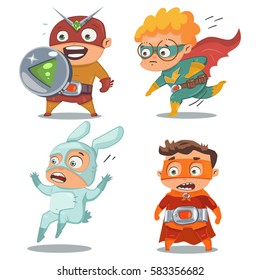 Cute superhero kids in colorful costumes vector cartoon characters set isolated on white background.