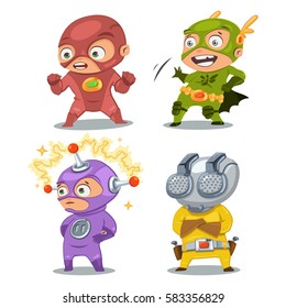 Cute superhero kids in colorful costumes vector cartoon characters set isolated on white background.