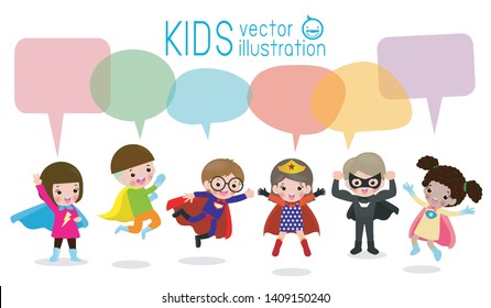 Cute superhero kids with speech bubbles, Set of superhero child with speech bubbles isolated on white background