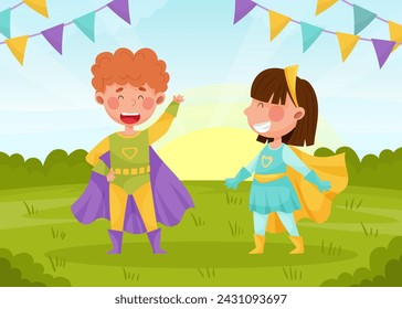 Cute Superhero Kids Wearing Cloak Vector Illustration