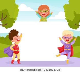 Cute Superhero Kids Wearing Cloak Empty Card Vector Template